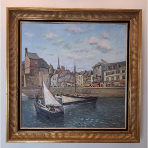 Serge Sédrac, View Of The Port Of Honfleur, Oil On Canvas, 20th Century.