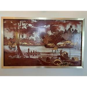 Phat Minh, Sampans On The River, Lacquer Panel, Vietnam, 20th Century.