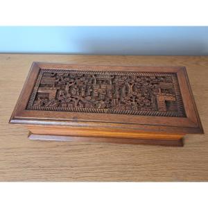 China, Box, Carved Wood, Palace Scene, 19th Century.