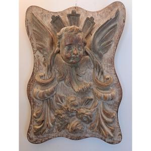 Angel, Carved And Patinated Wooden Panel, 18th Century.