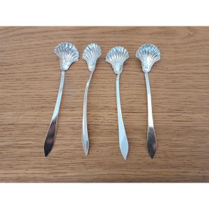 Mo Antoine Vautrin, Set Of 4 Solid Silver Salt Spoons, Restoration, 19th Century.