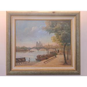 Pont Sully, Notre Dame De Paris, Oil On Canvas, Signed, 1912.