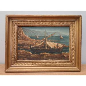 Italian School, Boats On The Seashore, Oil On Canvas, 19th Century.