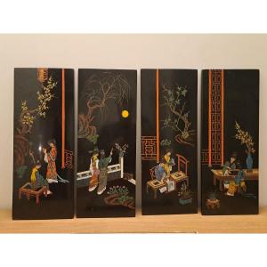 Set Of 4 Incised Lacquer Panels, Vietnam, 20th Century.
