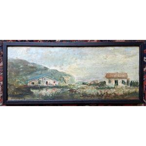 Verner White, "basque Houses", Oil On Panel, Late 19th Century. 
