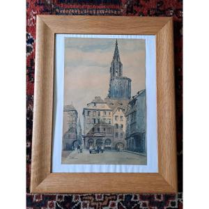 Charles Jean Forget (1886/1960). Strasbourg, Market Square, Watercolor, Early 20th Century. 