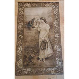M.roche, Romantic Couple, Painted Canvas, Early 20th Century. 