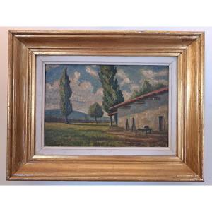 Farm Landscape, Oil On Panel, Signed, Early 20th Century. 