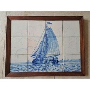 Sailboat, Azuleoja Painting, Santa Anna Factory, Lisbon, Portugal, 20th Century. 