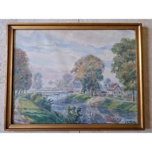 Gustave Müller-valentin, Rhine And Rhône Canal, Watercolor, 20th Century.