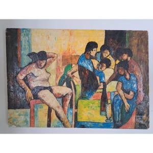 Yao N'guessan, Painting, Oil On Canvas, 20th Century. 