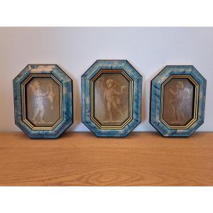 Suite Of Three Angels In Monochrome, Oil On Cardboard, Late 18th/19th Century.