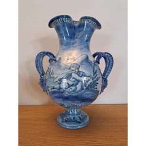 Italy, Cantagalli, Large Vase With Putti, Majolica, 19th Century. 