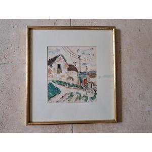 Odette Bourgain, Lively Village Street, Drawing, 20th Century.