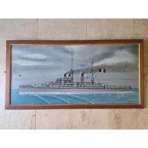 Battleship Paris, Oil On Cardboard, Early 20th Century.