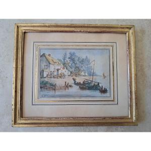 Unloading Of Goods, Marine, Watercolor, 19th Century. 