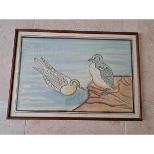 Pair Of Birds, Gouache On Silk, 20th Century. 