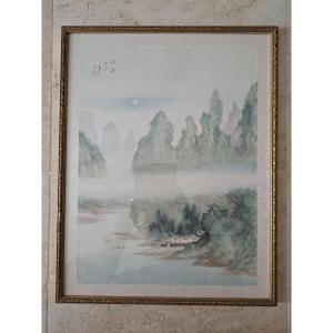 Lake Landscape, Colors On Silk, China, 20th Century. 