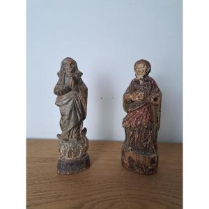Saint Joseph And The Virgin Mary, Statuettes, Polychrome Wood, 18th Century. 