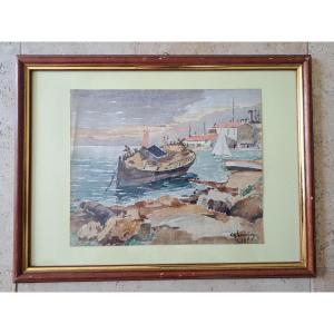 Charles Laugier, Boat Stranded On The Seashore, Watercolor, 20th Century.