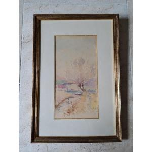 Marius Robert, Landscape With A Stream, Watercolor, Early 20th Century.