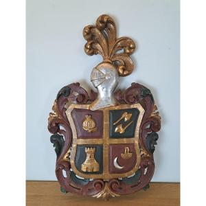 Coat Of Arms, Polychrome Carved Wood, 19th/early 20th Century. 
