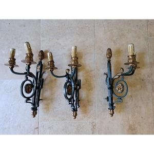 Attributed To Gilbert Poillerat, Set Of 3 Wall Lights, Louis XIV, Wrought Iron, 20th Century. 
