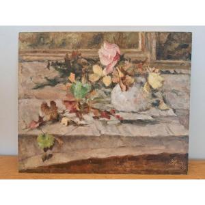 Flowers On An Entablature, Oil On Panel, Signed, 20th Century.  