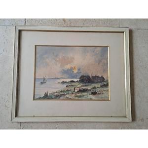 Seaside Village, Watercolor, Signed, 1903. 