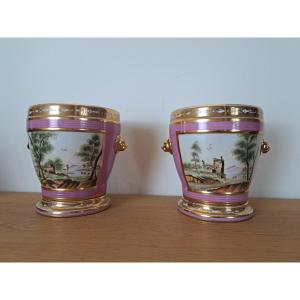 Paris Porcelain, Pair Of Cache Pots, Romantic Decor, 19th Century. 