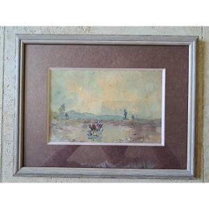 Caravaners In The Maghreb, Watercolor, Signed, 20th Century.