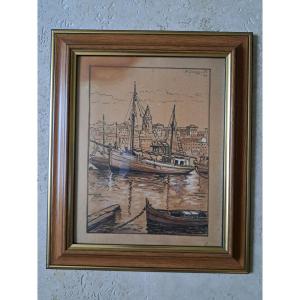 H.navézard, Fishing Boats In The Port Of Marseille, Drawing, 1946. 