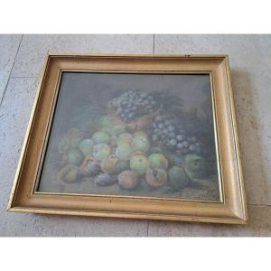 Plums And Grapes, Still Life, Pastel, Signed, 19th Century. 