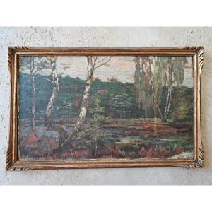Marshes And Birches, Oil On Paper, Signed, 20th Century. 