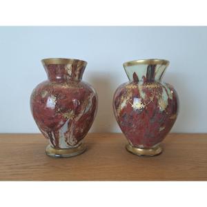 Ernest Leveillé /legras, Pair Of Vases, Marbled Glass And Gilding, Late 19th Century.