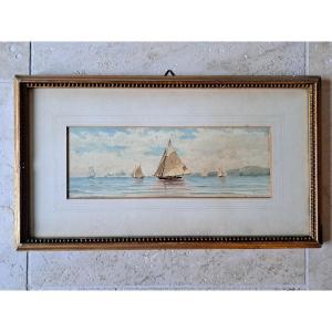 Cjshaw, Seascape With Sailing Ships, Watercolor, 19th Century.