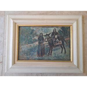 Two Peasant Women And Their Mule, Oil On Paper, Signed, 20th Century. 