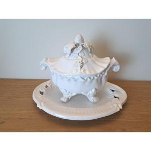 Emile Tessier, Soup Tureen And Its Sleeper, Openwork Earthenware, 20th Century. 