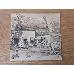 Jules Chadel, Farmyard, Ink And Colors On Paper, Early 20th Century.