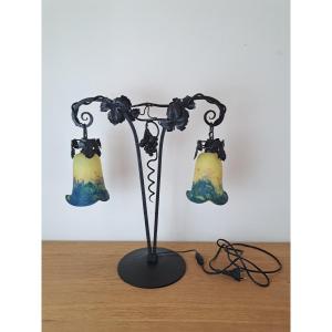 Lamp, Art Nouveau / Art Deco, Wrought Iron And Glass Paste, Signed, Early 20th Century. 
