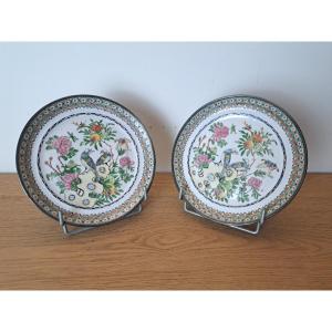China, Pair Of Porcelain Plates, Silver Rim, 19th Century. 
