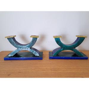 Francis Bichoff, Pair Of Modernist Chandeliers, Enamelled Ceramic, Art Deco, 20th Century. 