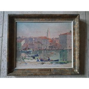 Gilbert Galland, Les Martigues, Oil On Panel, 20th Century.