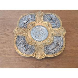 Bowl/centerpiece, Gilt Bronze And Silvered Metal, Hunting Art, Late 19th Century. 