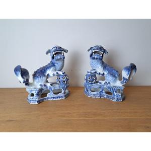 Boch, Keramis, Pair Of Foo Dogs, Earthenware, 19th Century.  