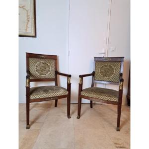 Pair Of Empire Armchairs, Bronze And Mahogany, Circa 1880. 