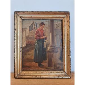 Young Laundress At Work, Oil On Cardboard, 19th Century.