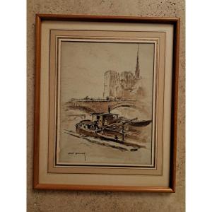 René Roussel, Barges In Front Of Notre Dame De Paris, Drawing, 20th Century.