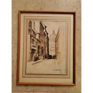 René Roussel, Rue Mazarine, Paris, Drawing, 20th Century.