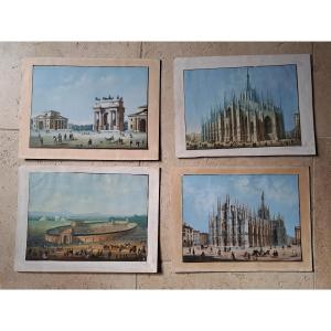 Set Of 4 Gouache Lithographs, Italy, Milan, 19th Century.